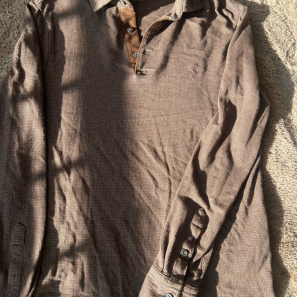Ralph Lauren Brown Houndstooth Long Sleeve Polo